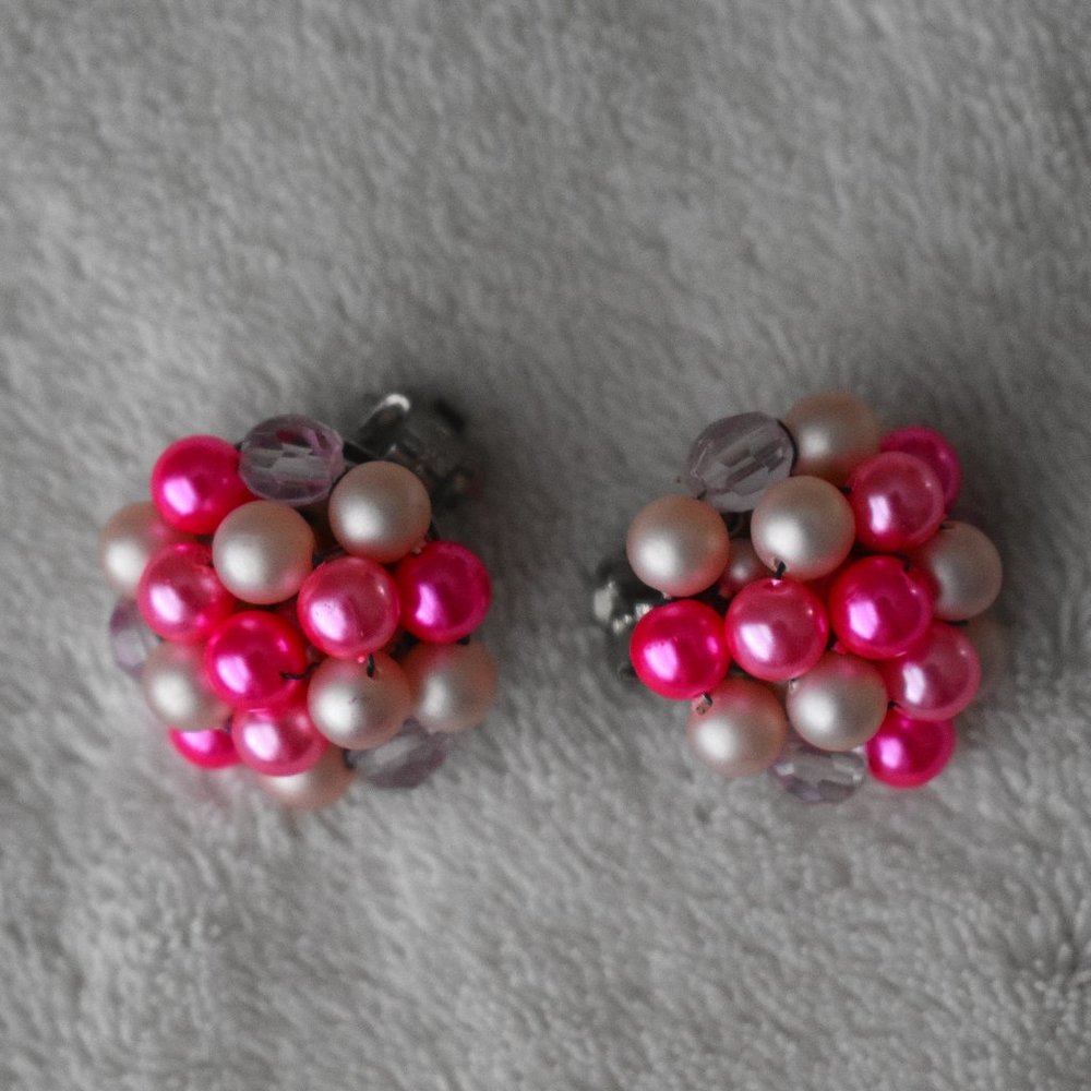 Pink and Pearl Colored Beaded Cluster Clip-on Earrings